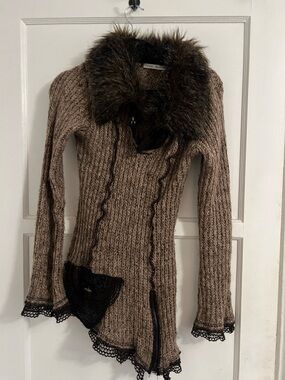 Women's Brown Knit Mini Dress with Faux Fur Collar